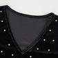 Pearl Detail Velvet V-Neck Long Sleeve Bodysuit