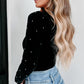 Pearl Detail Velvet V-Neck Long Sleeve Bodysuit