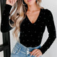 Pearl Detail Velvet V-Neck Long Sleeve Bodysuit