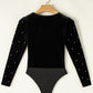 Pearl Detail Velvet V-Neck Long Sleeve Bodysuit