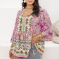 Plus Size Ruched Printed Tie Neck Three-Quarter Sleeve Blouse