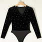 Pearl Detail Velvet V-Neck Long Sleeve Bodysuit