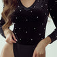 Pearl Detail Velvet V-Neck Long Sleeve Bodysuit