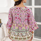 Plus Size Ruched Printed Tie Neck Three-Quarter Sleeve Blouse