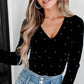 Pearl Detail Velvet V-Neck Long Sleeve Bodysuit