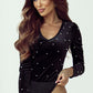 Pearl Detail Velvet V-Neck Long Sleeve Bodysuit