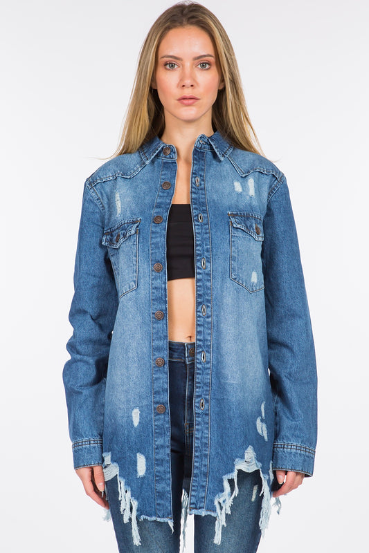 American Bazi Distressed Frayed Hem Denim Jacket