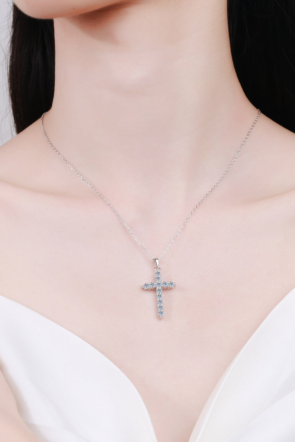 N113 Adored 925 Sterling Silver Cross Moissanite Necklace