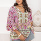 Plus Size Ruched Printed Tie Neck Three-Quarter Sleeve Blouse