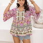 Plus Size Ruched Printed Tie Neck Three-Quarter Sleeve Blouse