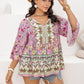 Plus Size Ruched Printed Tie Neck Three-Quarter Sleeve Blouse