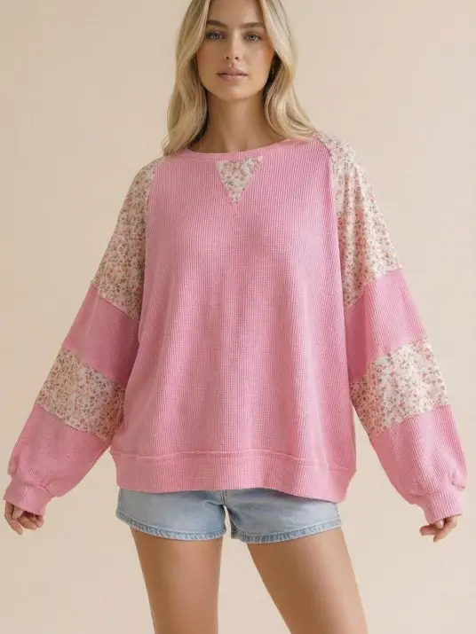 Haptics Plus Thermal Floral Woven Loose Fit Pullover Top