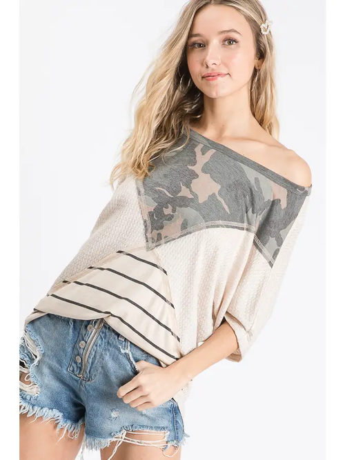 Camo Stripe Color Block Short Sleeve Top