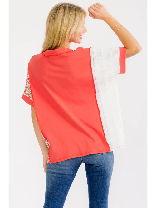 7th Ray Color Block V Neck Pocket TOP