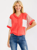 7th Ray Color Block V Neck Pocket TOP