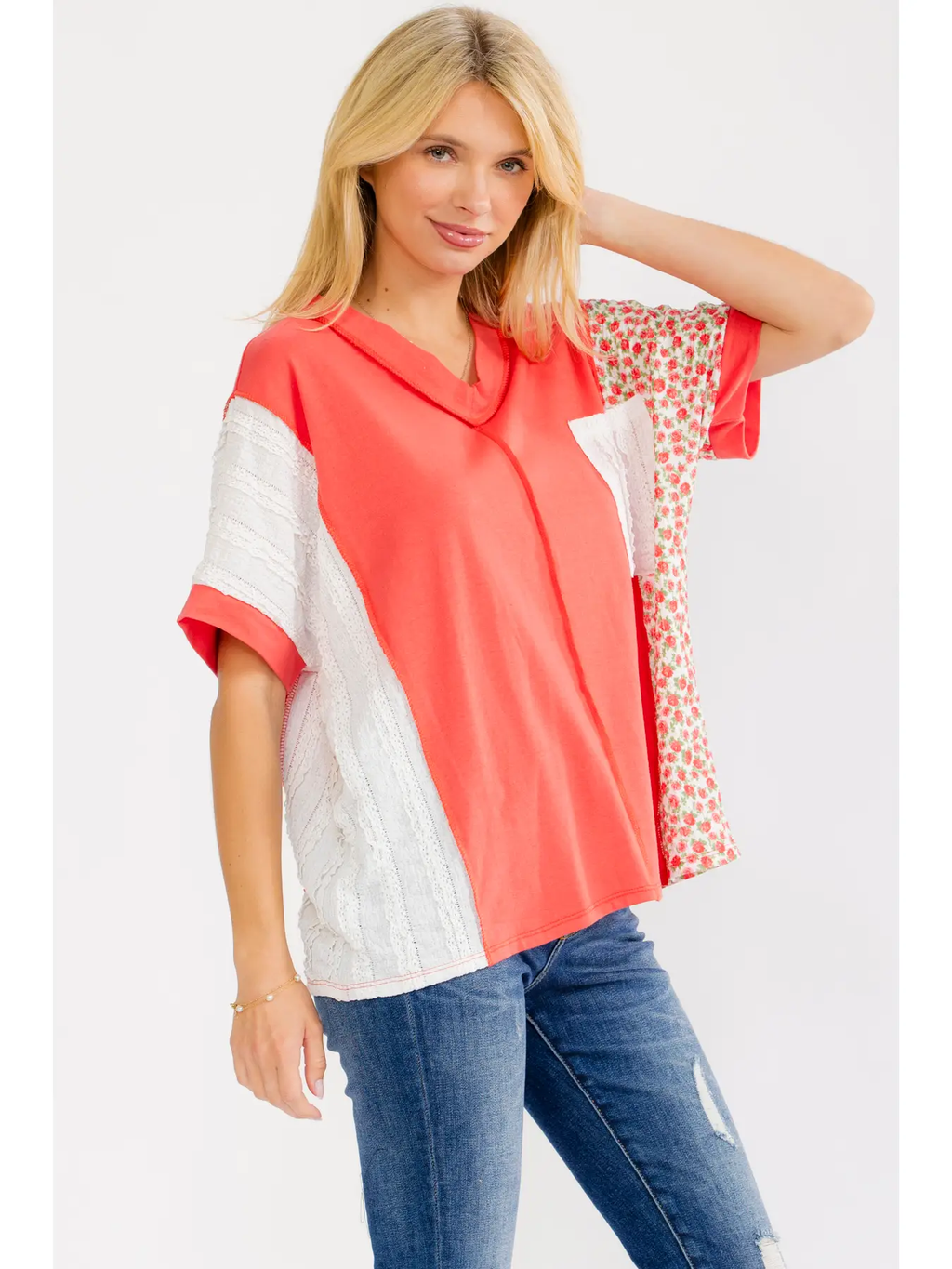 7th Ray Color Block V Neck Pocket TOP