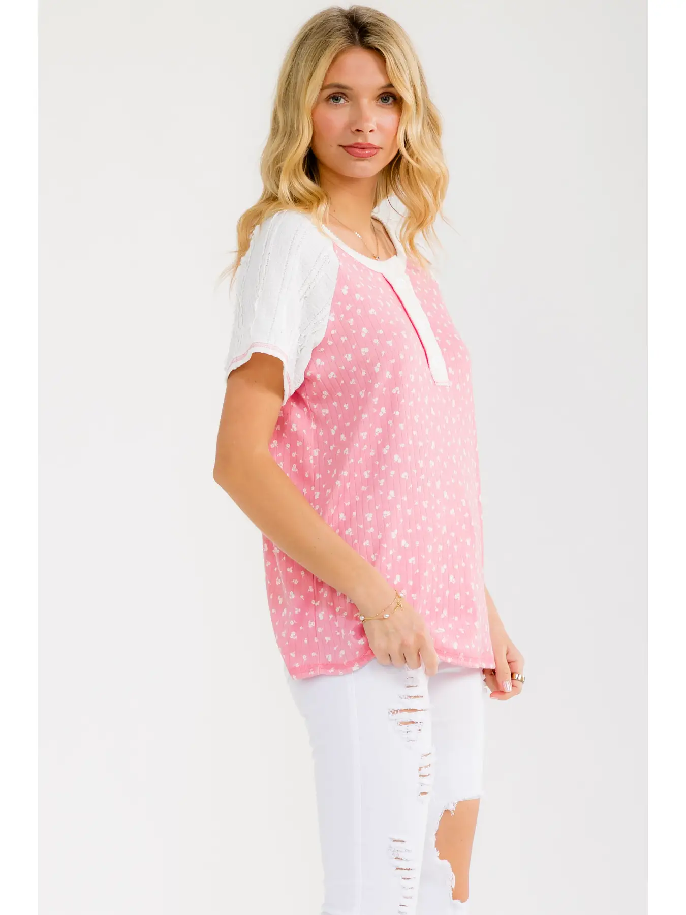 Floral Contrast Sleeve Henley Top