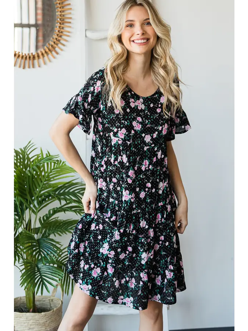 Casual Floral Tiered Dress with Ruffled Sleeves