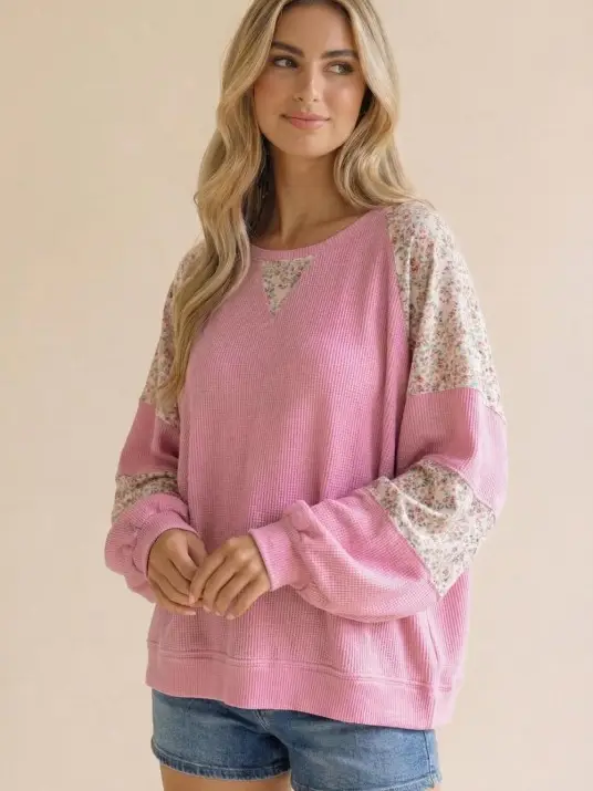 Haptics Plus Thermal Floral Woven Loose Fit Pullover Top