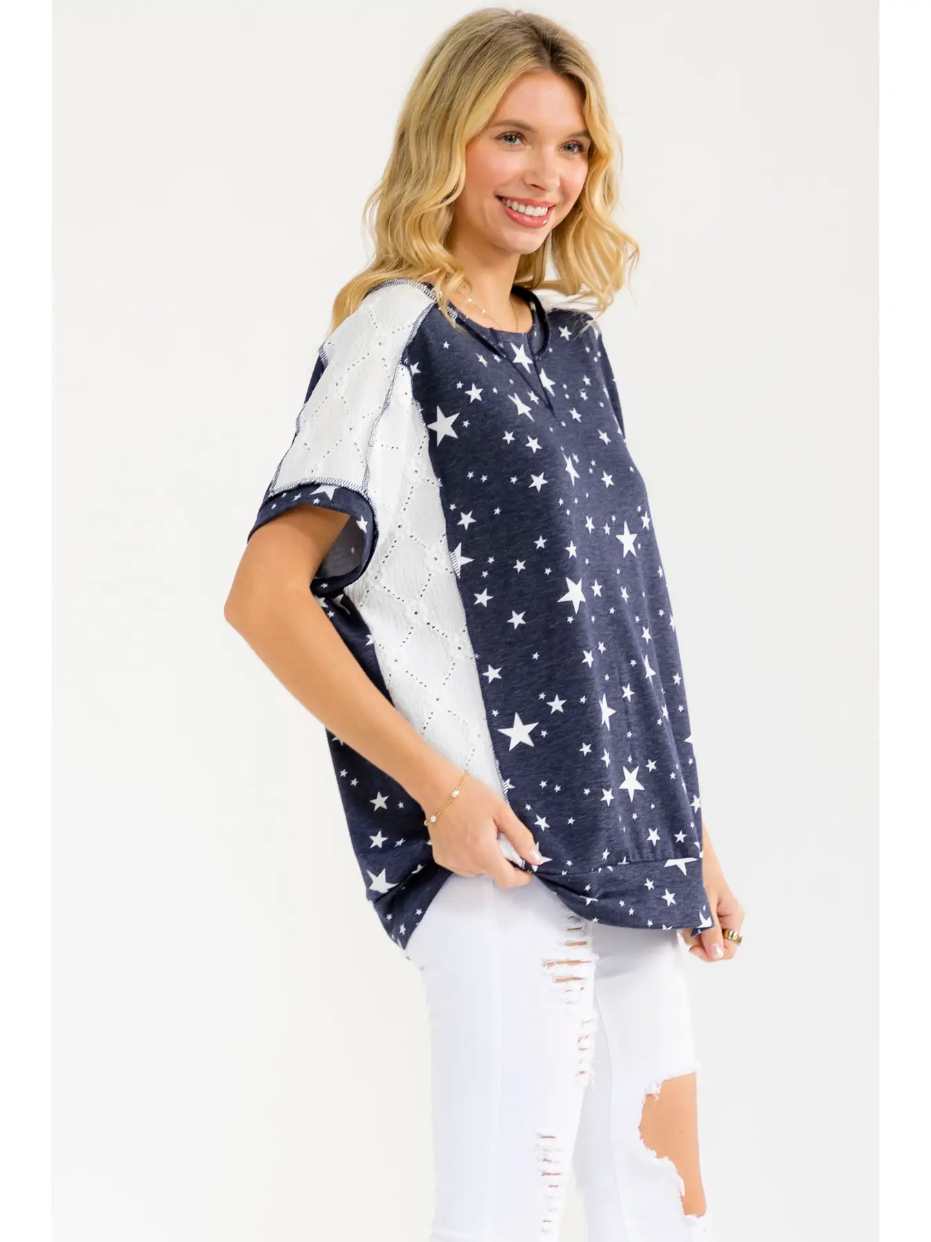 Star Print Eyelet Contras Top