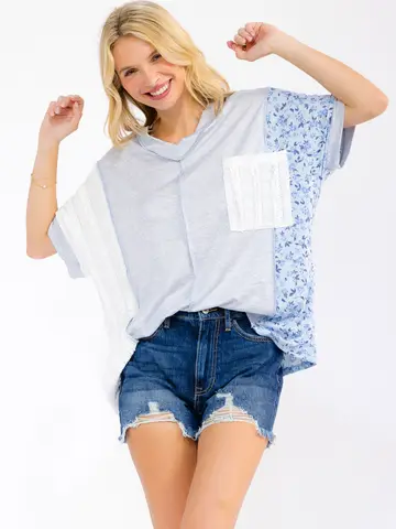 Color Block Patchwork Knit Top with Pocket