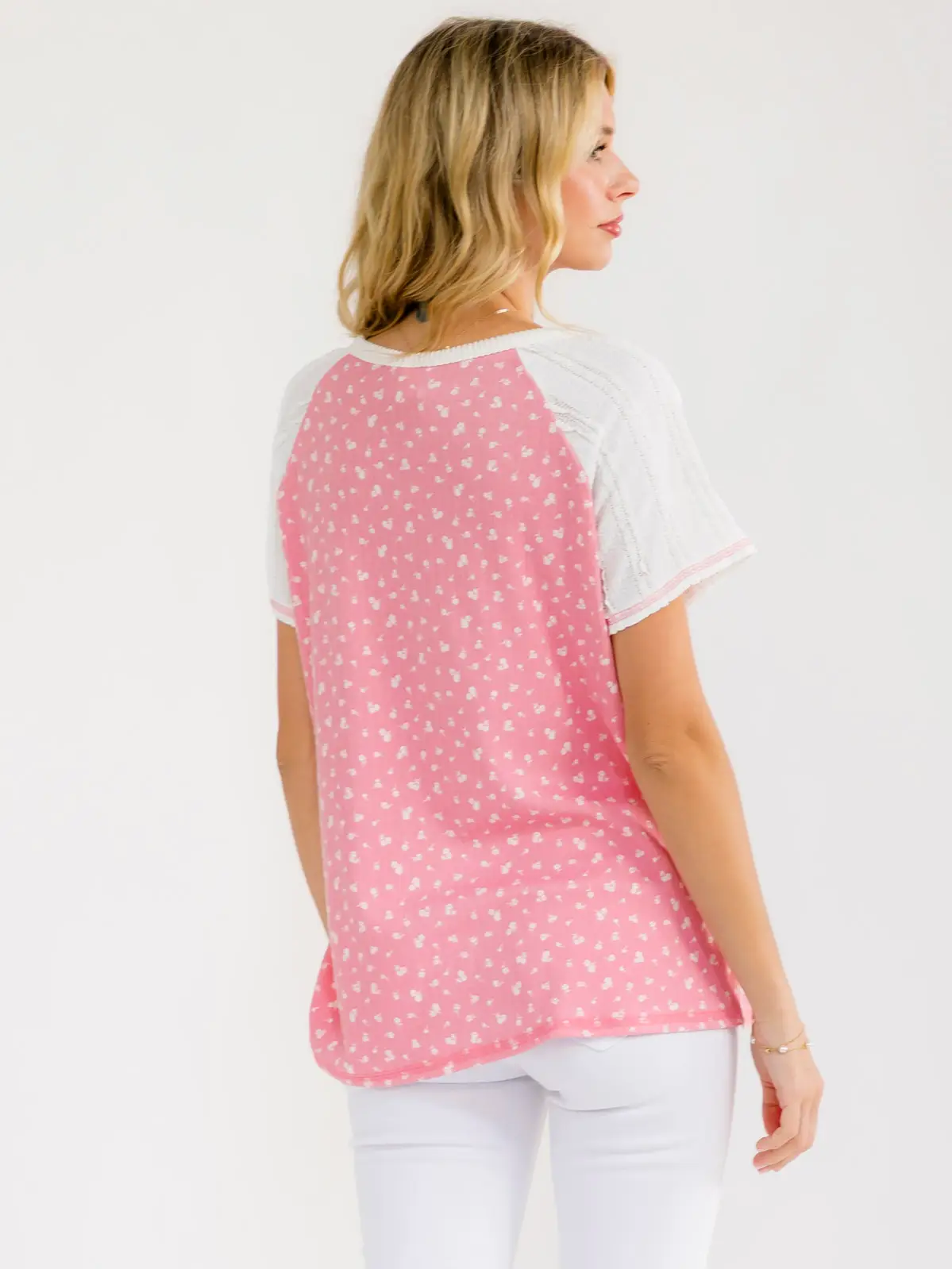 Floral Contrast Sleeve Henley Top