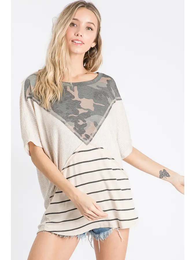 Camo Stripe Color Block Short Sleeve Top