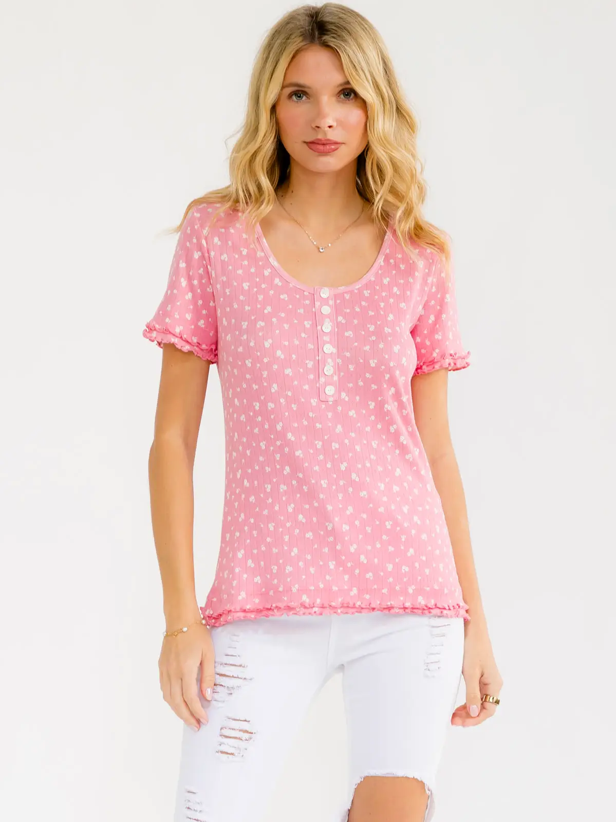 Floral Ruffle Trim Henley Top