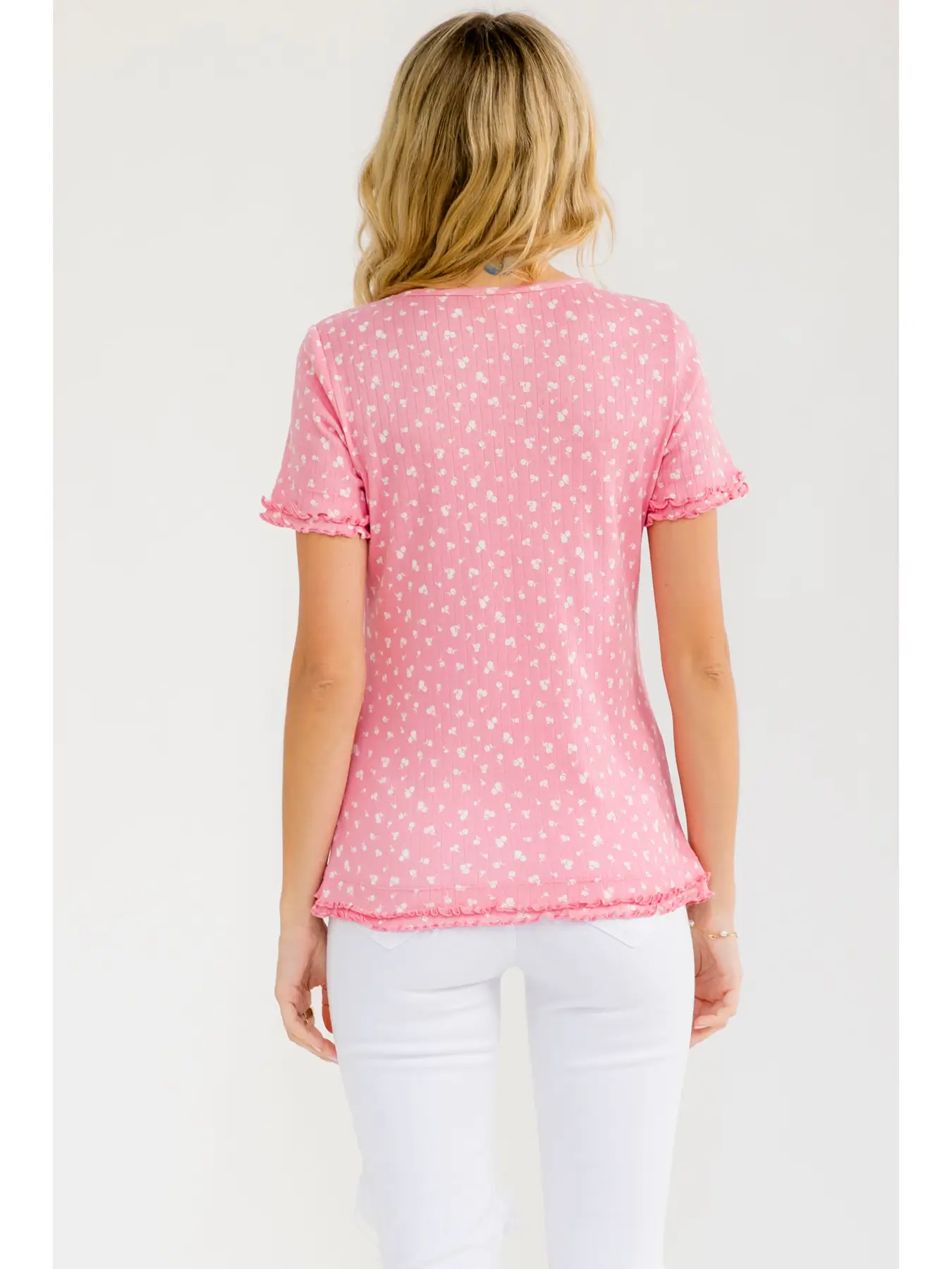 Floral Ruffle Trim Henley Top