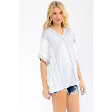 Color Block Patchwork Knit Top with Pocket