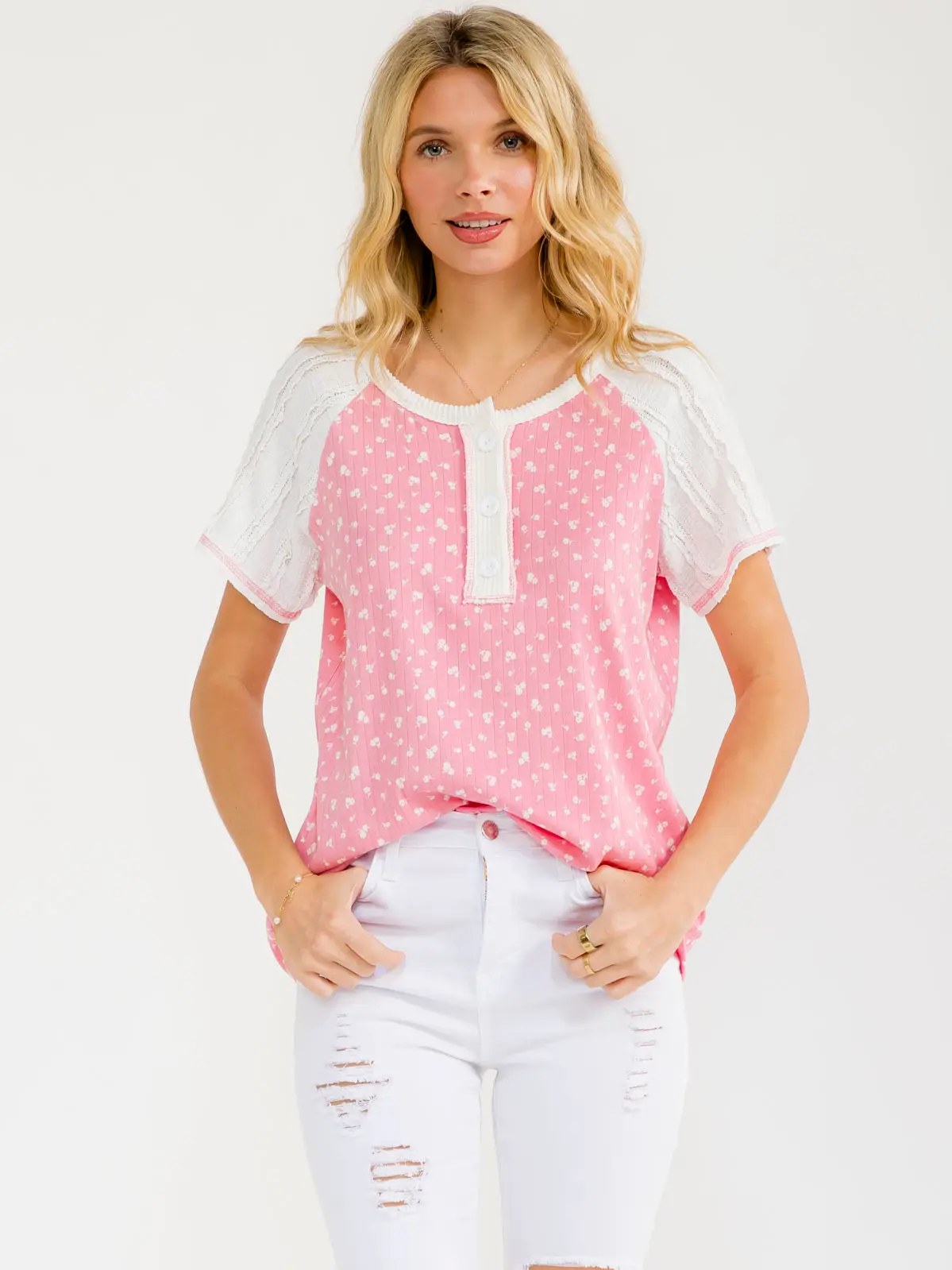 Floral Contrast Sleeve Henley Top