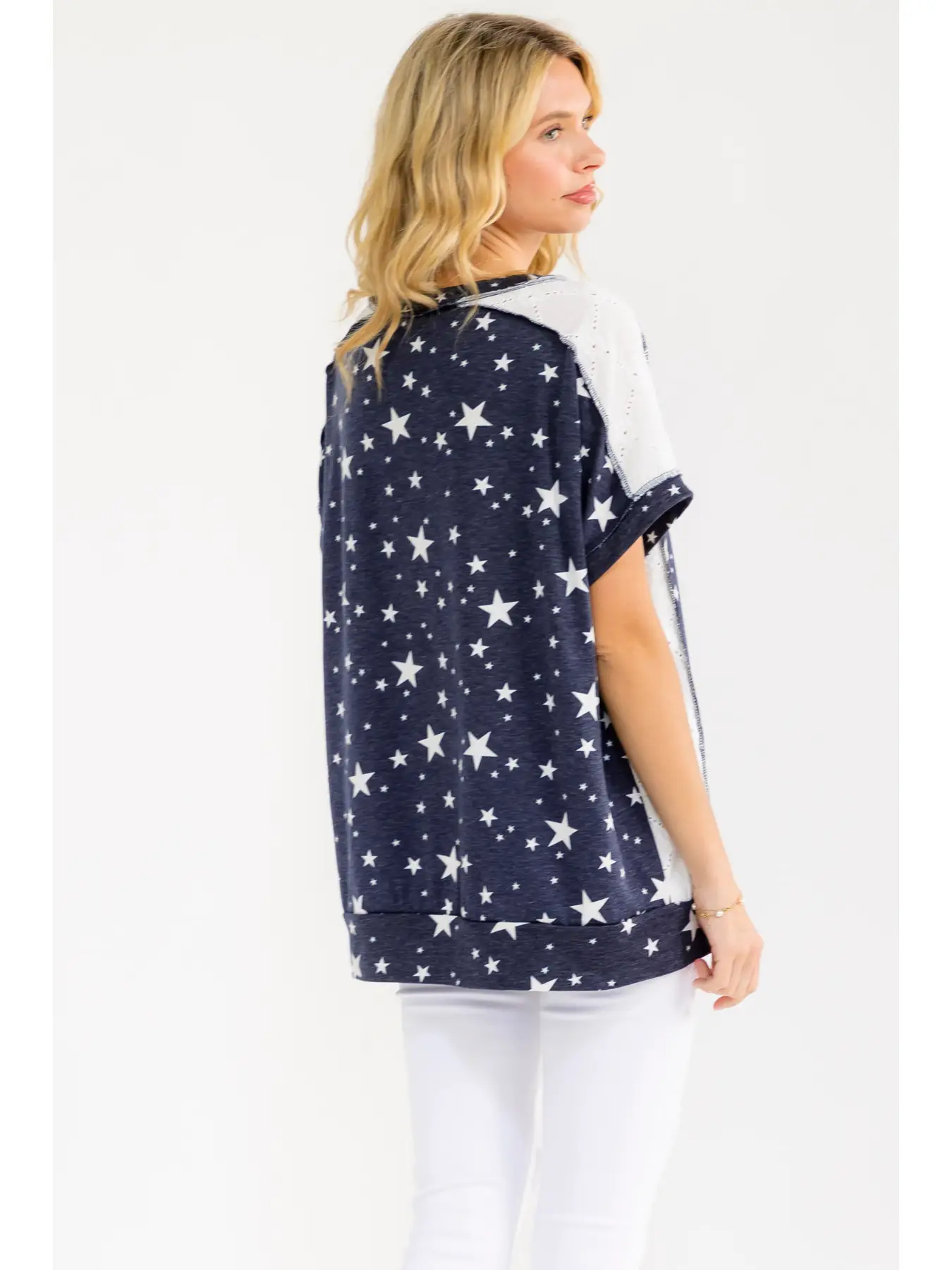 Star Print Eyelet Contras Top