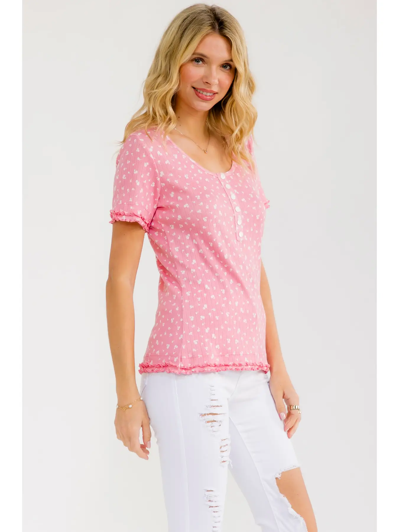 Floral Ruffle Trim Henley Top