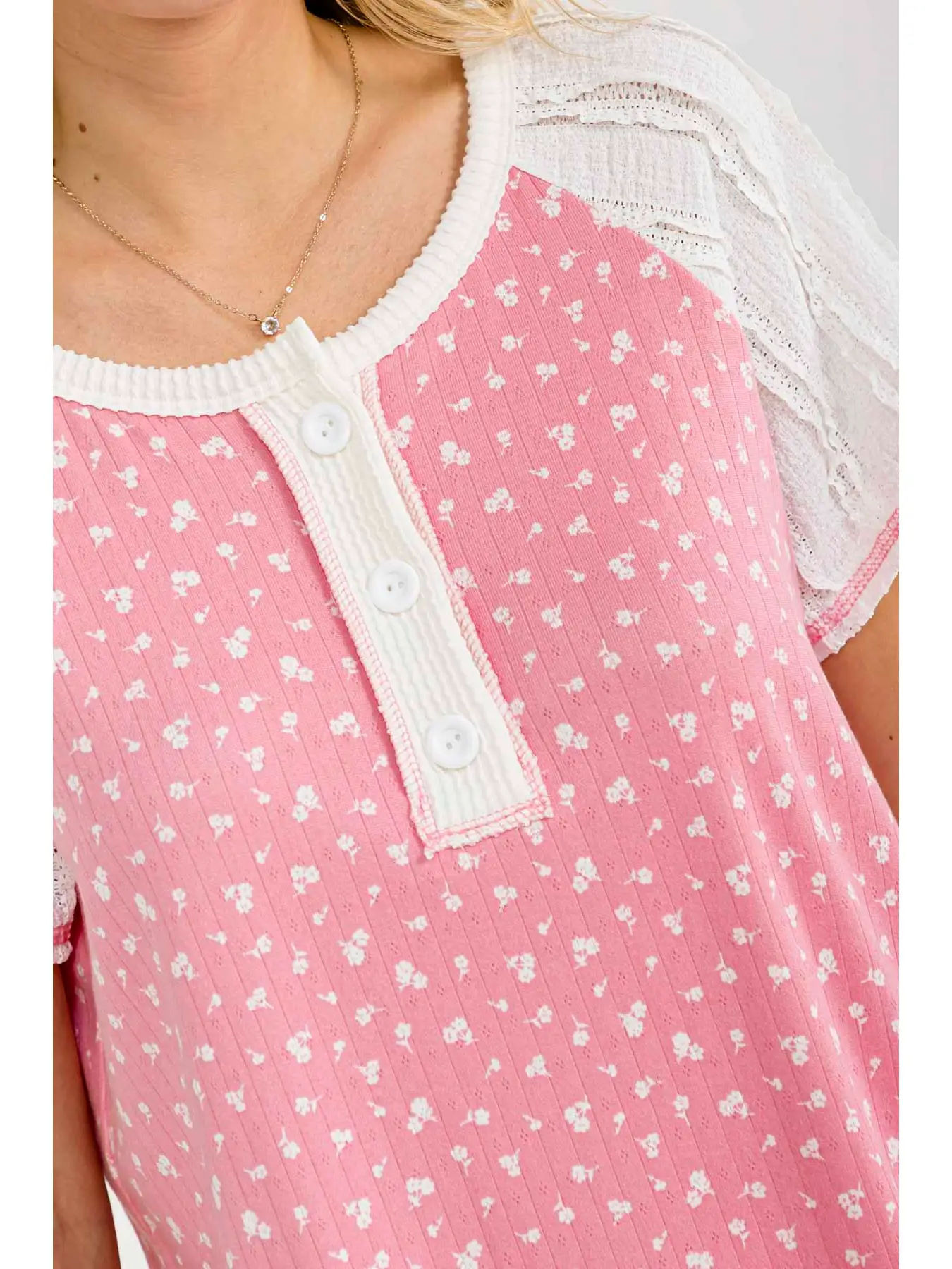 Floral Contrast Sleeve Henley Top