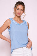 Hailey & Co Blush Blue Ribbed Ruffle Trim Sleeveless Top