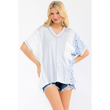 Color Block Patchwork Knit Top with Pocket