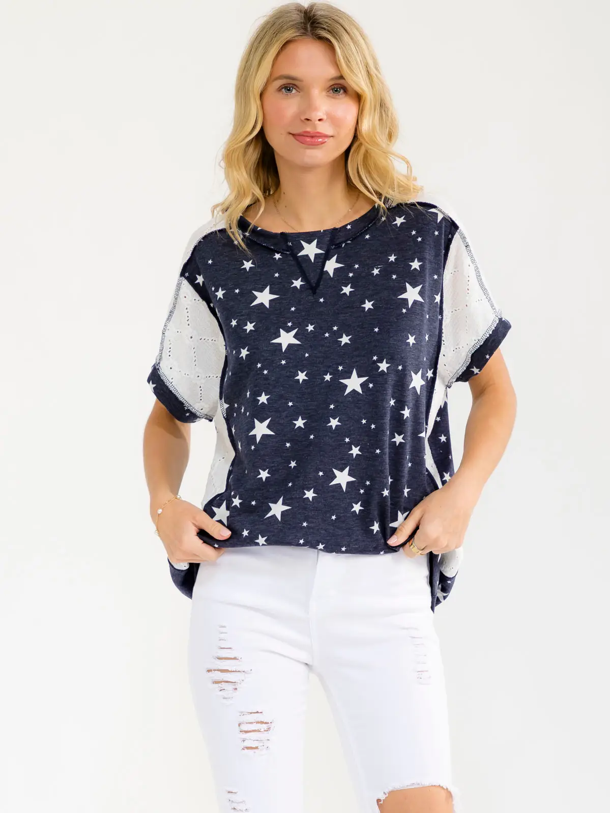 Star Print Eyelet Contras Top