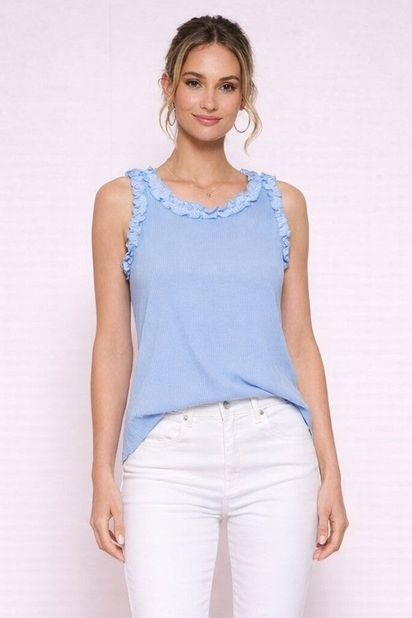 Hailey & Co Blush Blue Ribbed Ruffle Trim Sleeveless Top
