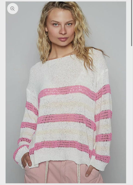 POL Striped Openwork Round Neck Knit Top